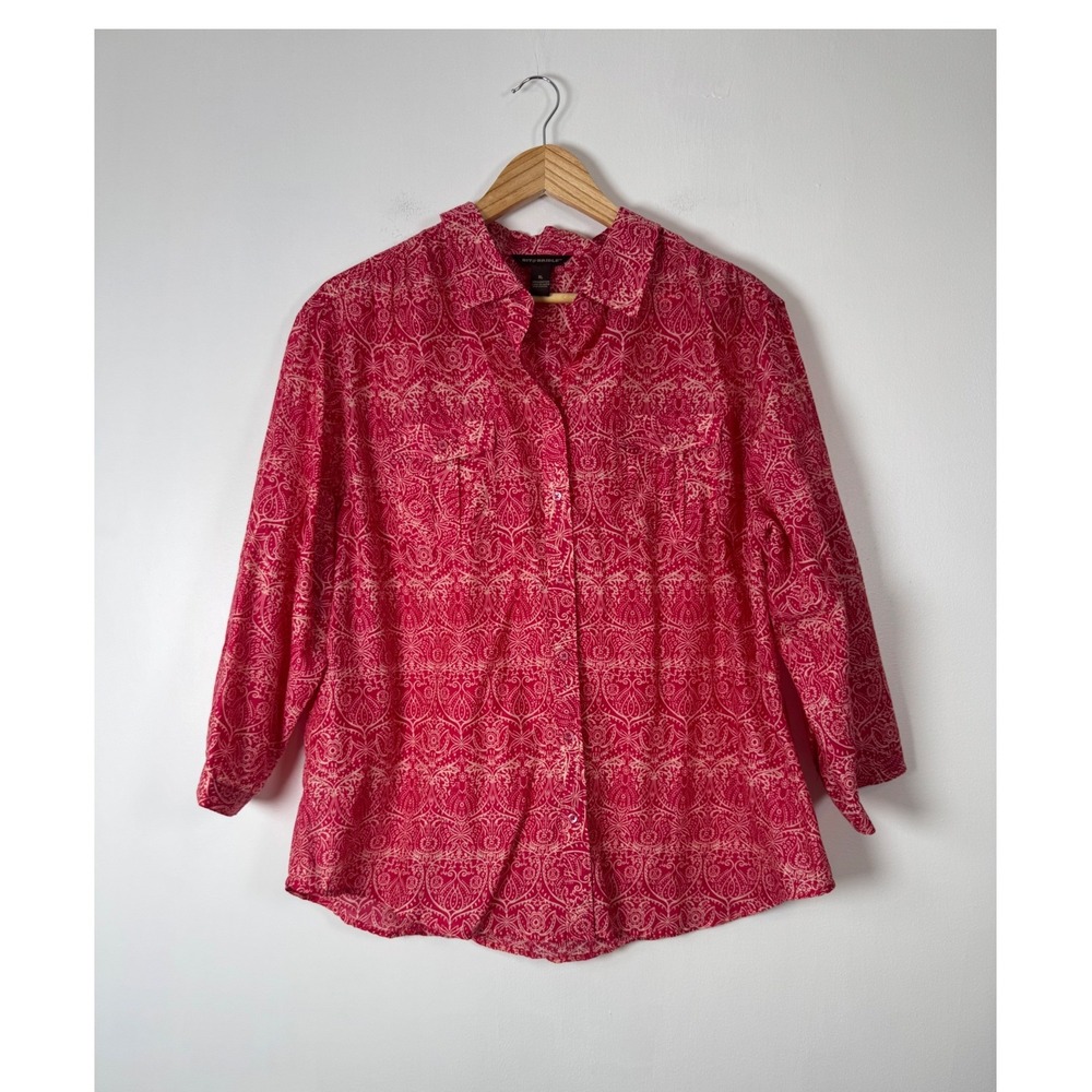 Boho Bit & Bridle Women XL Button Down Shirt Pink Paisley Roll Tab Sleeve Cotton